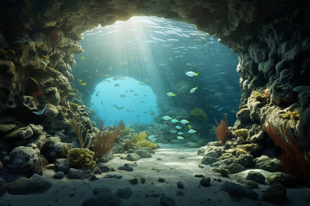 Breathtaking Views: Charming Fish Gliding Above and Below a Majestic Reef Ledgeの素材