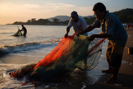 Fishermen in Salguero, Colombia Wrapping Up the Day with Fishing Netsの素材