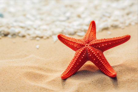 Glistening Red Starfish: A Sunlit Wonder on Wet Sandの素材
