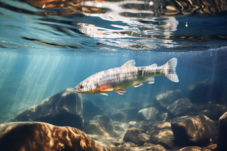 The Aquatic Symphony: A Mesmerizing Encounter with Dynamic Fish in the Crystal-clear Riverの素材