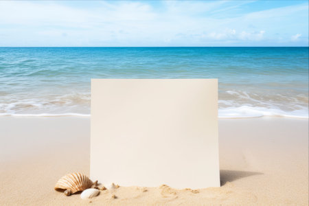 Unleash Your Imagination: A Serene Sandy Beach Awaits, Offering Blank Paper for Your Creative Text â AR 3:2の素材
