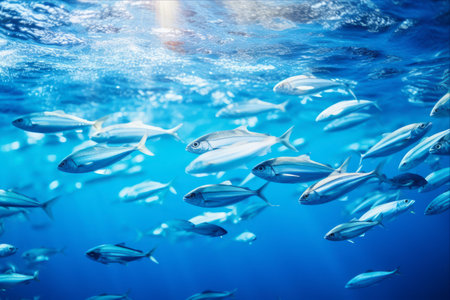 Exploring the Vastness: A Glimpse into the School of Small Fish in the Blue Ocean Watersの素材