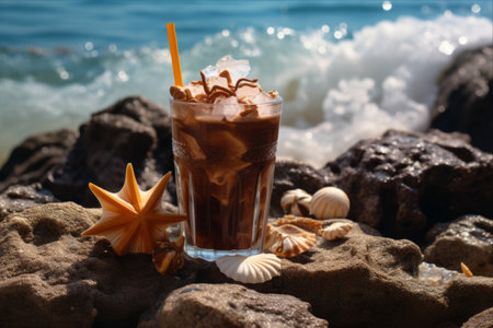 Sipping Sunshine: Coastal Delights of Ice Coffee, Swimsuits, Starfish, and Seashells by the Seaの素材