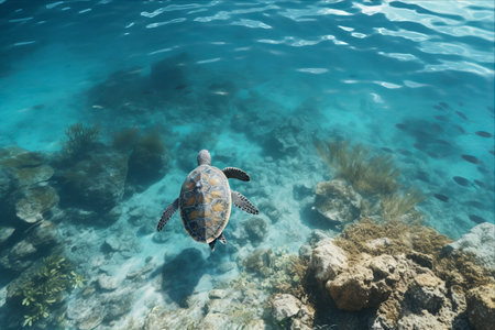 Mesmerizing View: Sea Turtle Gliding through the Blue Sea from a High Cliff Perspectiveの素材