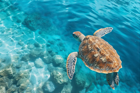 Majestic Encounter: A Sea Turtle's Serene Journey in the Deep Blue Sea, Witnessed from High Cliff's Edge -AR 3:2.の素材