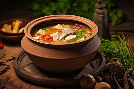 Savor the Umami-rich Delights of Kra Praw Pla: A Clay Pot Thai Delicacy featuring Fish Maw Soup, Mushroom, and Bamboo Shootsの素材