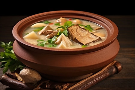 Bountiful Clay Pot Delights: Savor the Thai Flavors of Kra Praw Pla with Fish Maw Soup, Mushroom, and Bamboo Shootの素材