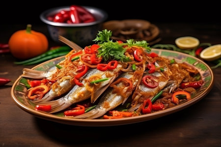 Malaysian Kampung Delight: A Delectable Image of Traditional Fried Salted Fish with Onion and Red Chillie in Selective Focus â AR 3:2の素材