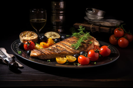 Deliciously Mediterranean: Roasted Golden Fish Fillet with Tomatoes, Rye Bread, and Olivesの素材