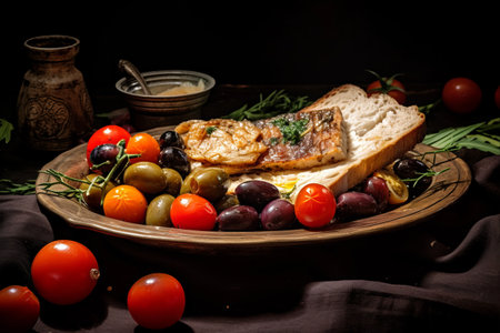 Gourmet Delight: Savory Golden Fish Fillet Infused with Tomatoes, Rye Bread, and Olives!の素材