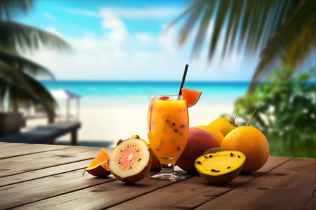 Sensational Sips: Captivating Tropical and Exotic Fruit Cocktail Set against Majestic Sea Landscapeの素材
