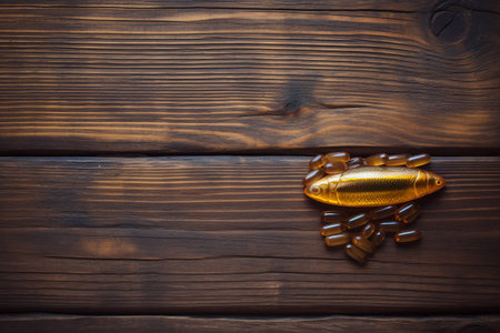 Unveiling the Natural Power: Fish Oil Supplement Capsule Enhances Health Benefits against a Wooden Background -- AR 3:2の素材