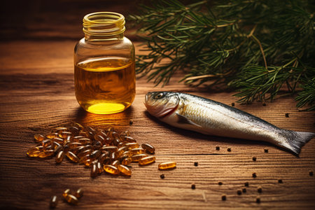 Nature's Omega Power: A Blend of Fish Oil, Flax Grain, and Fresh-Caught Fish, Presented on a Rustic Wooden Background [AR 3:2]の素材