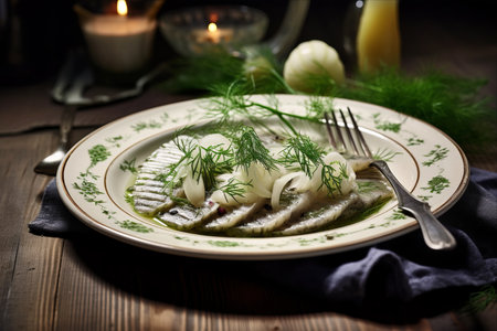 Herring Delight: Scrumptious Scandinavian Slices with Spices and Dill on a Rustic Pine Table Settingの素材
