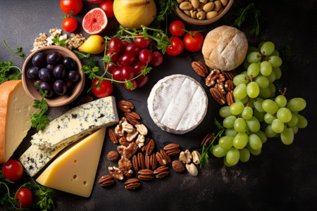 Delicious Assortment: Snacks, Cheese, Grapes, Sandwiches, Strawberries, and Nuts, Artfully Arranged on a Black Slateの素材