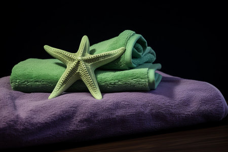 Whimsical Beach Vibes: Exploring Isolation with Lilac, Light Green Towels, and Starfishの素材
