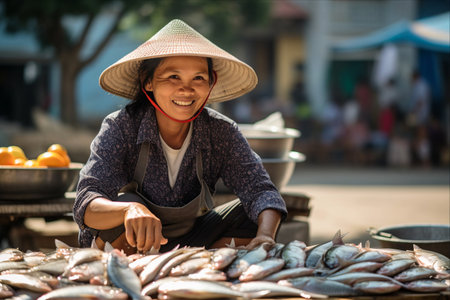 Unveiling the Bustling Fish Market Culture of Cat Ba Island: Street Vendors Selling Fresh Catch on Sidewalksの素材