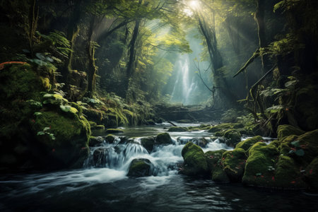 Nature's Serene Symphony: The Abstract Beauty of Flowing River and Forest Waterfallの素材