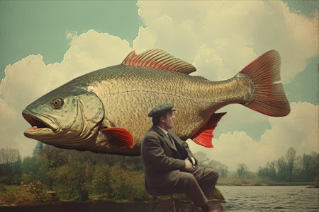 Catching the Majestic: A Mesmerizing Art Collage of a Fisherman and the Enormous Fishの素材