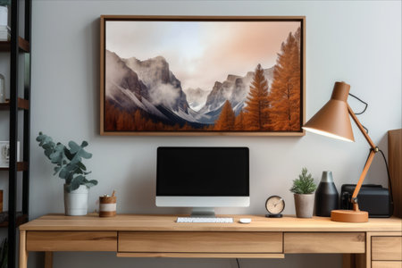 Luminous Workspace: A Cozy Home Office with a Computer Station, Wooden Desk, and Inspirational Poster - Authentic 3:2 Photographの素材