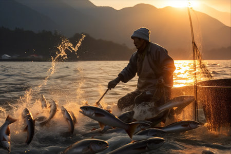 Dawn's Lucky Catch: Fisherman Snags a Prize Salmon Trolling the Sea of Japanの素材