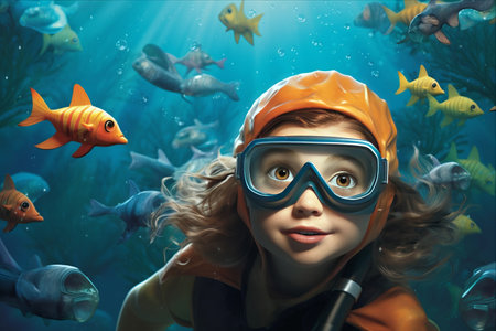 Mesmerizing Encounter: A Snorkel Girl Embracing a Starfish in the Seaの素材