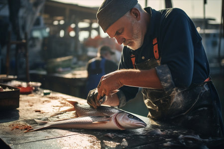 Splendid Scene: Skilled Fisherman Carving a Fresh Catch at the Marinaの素材