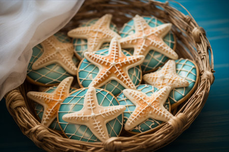 Under the Sea Delights: Starfish Sugar Cookies on a Coastal Net of Royal Icing - AR 3:2の素材