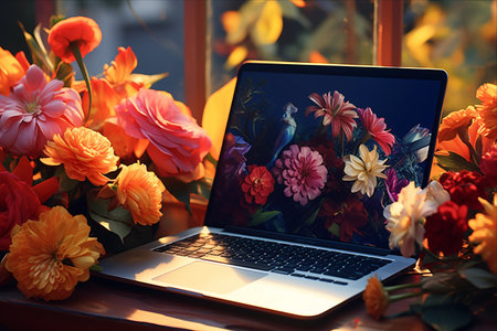 Blooming Tech: Exploring the Harmony of Laptops and Flowers in a 3:2 Aspect Ratioの素材