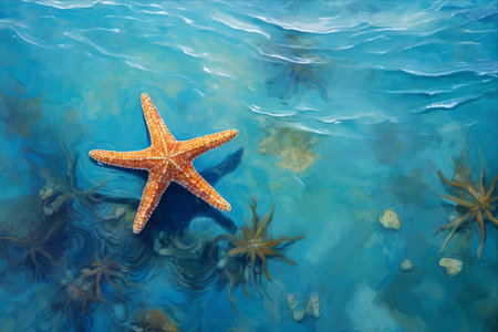 Underwater Serenity: Mesmerizing Starfish in a Tranquil Blue Ocean- AR 3:2の素材