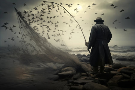 The Black Fisherman: A Fascinating Catch on the Seashoreの素材