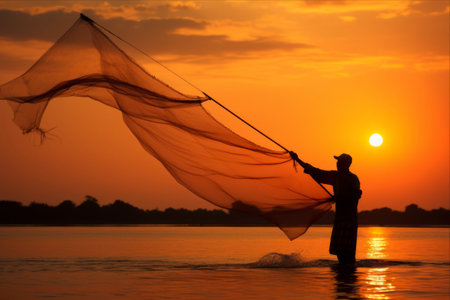 Serenity Unveiled: Fisherman Embraces the Sunrise while Throwing Fishing Net in Pak Pra, Phatthalung, Thailandの素材