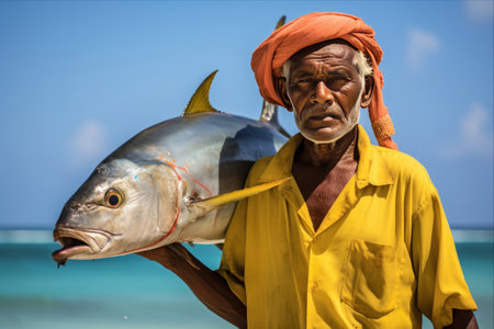 The Proud Fisherman: A Magnificent Yellow Fin Tuna Catch at Lakshadweepの素材