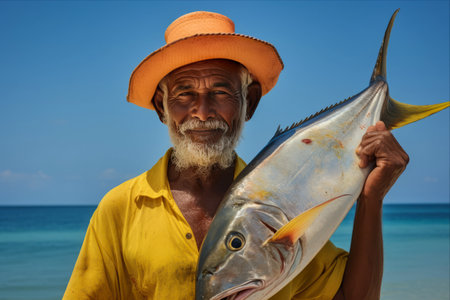Lakshadweep's Finest Catch: A Fisherman Proudly Carries a Giant Yellow Fin Tuna on His Shoulderの素材