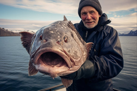 Capturing the Majesty of the Seas: Brave Fisherman Reels in Enormous Wolffish on Lofoten's Turquoise Waters in Norwayの素材