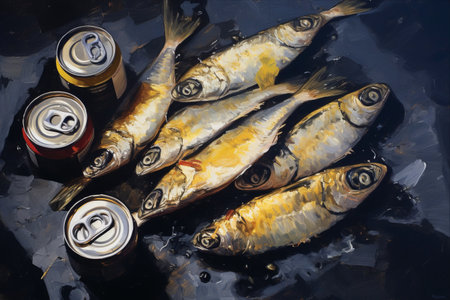 Savory Delights: Captivating Tinned Sardines in Oil on a Light Surfaceの素材