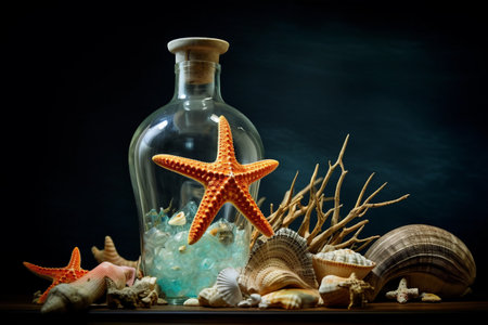 Underwater Treasures: The Enchanting Encounter of a Starfish, Glass Bottle, and Coral - ar 3:2の素材