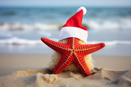 Festive Starfish: A Seaside Delight in a Santa Hatの素材