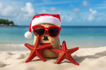 Festive Starfish: Embracing the Holiday Spirit on a Tropical Beachの素材