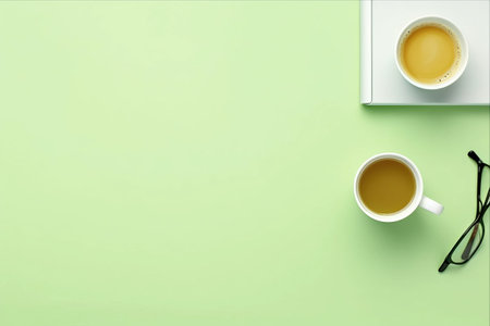 Sleek and Refreshing: Top View of a Minimalist Light Green Office Desk with Keyboard, Tea Mug, and Glasses, Perfect for Productivityの素材