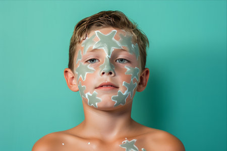 Sun-kissed Adventures: A Little Boy Embracing Starfishes with a Sunscreen Glow on a Pale Green Canvasの素材