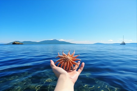Captivating Moments: A Close Encounter with Live Starfish and Majestic Volcanoes in Avacha Bay, Petropavlovsk-Kamchatsky, Russiaの素材