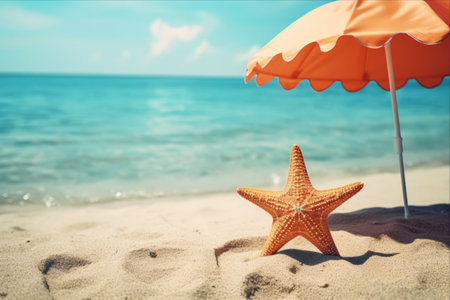 Captivating Coastal Getaway: A Serene Starfish Haven with Sun Umbrella by the Seaの素材