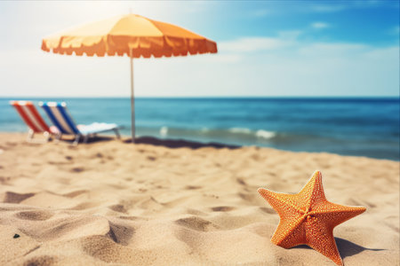 Serene seashore: Starfish, sun umbrella, and sea - A perfect setting for relaxation and tourismの素材