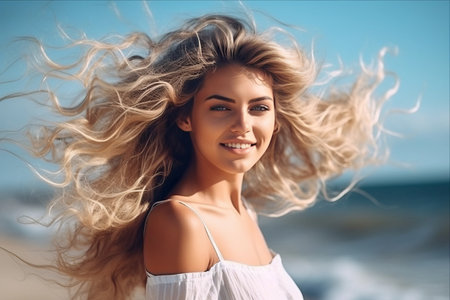 Seaside Serenity: A Long-Haired Blonde Embracing Nature's Harmony in Nautical Fashionの素材