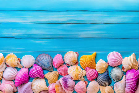 Exquisite Collection of Vibrant Exotic Seashells on a Blue Textured Beach Background: A Captivating Summer Vacation Masterpieceの素材