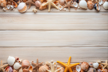 Mesmerizing Coastal Treasures: Seashells and Starfish Resting on Vintage Woodの素材