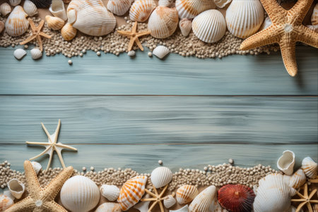 Under the Sun: A Coastal Collection of Seashells and Starfish on Weathered Wooden Canvasの素材