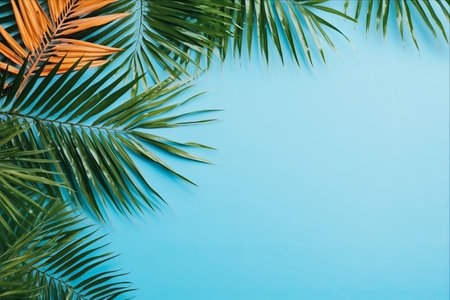 Summer Serenity: A Tropical Oasis of Palm Leaves and Seashells on a Blue Backgroundの素材