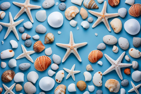 Underwater Treasures: A Vibrant Display of Starfishes, Stones, and Shells on a Blue Background - A Captivating Flat Lay Exploration in 3:2 Aspect Ratioの素材